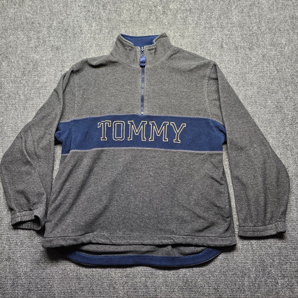 Tommy Hilfiger Mens Quarter Zip Fleece Pullover Grey Navy Blue Large Vintage